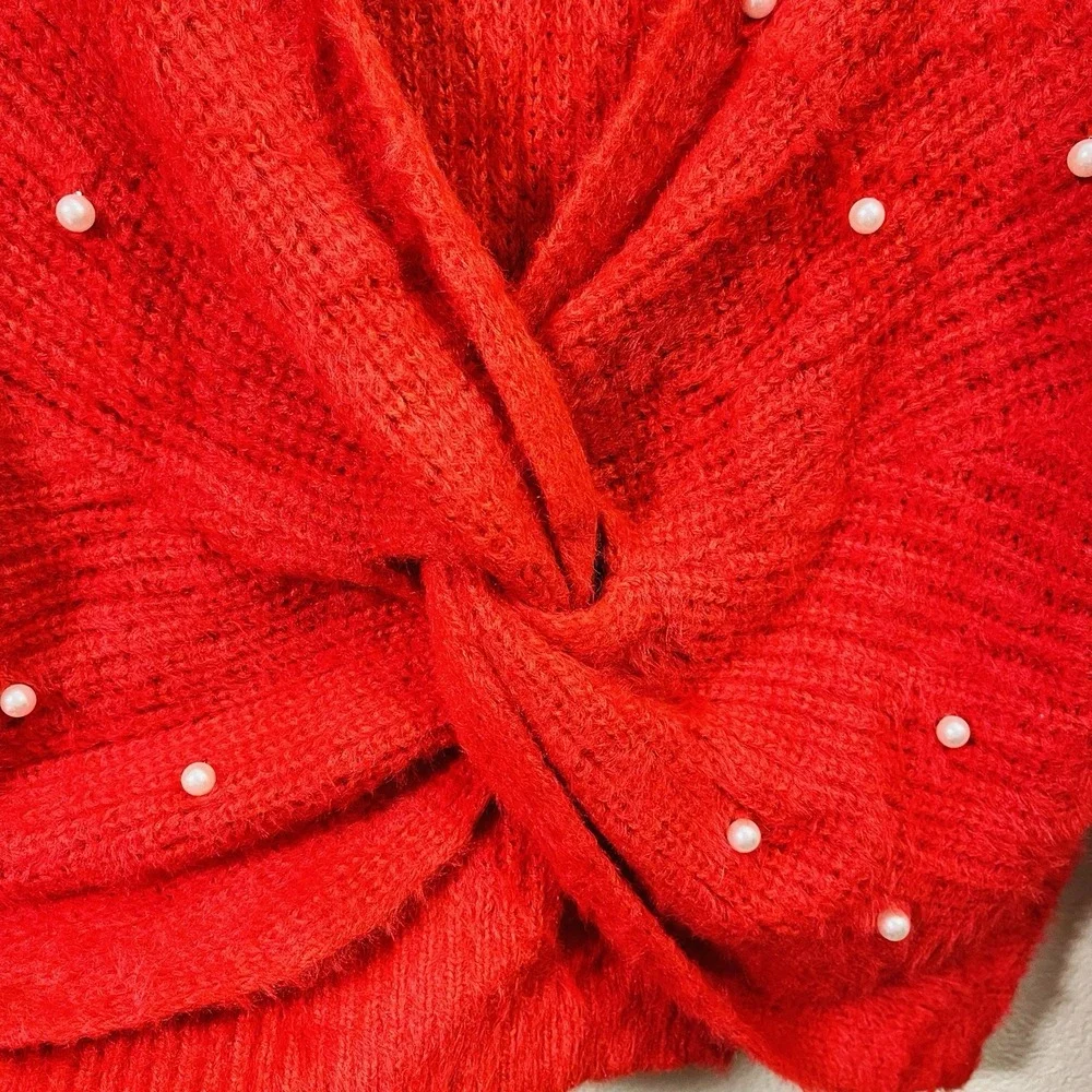 No Boundaries Red Sweater Pearl Embellishments Fuzzy Cropped Front Twist Sz‎ XL
